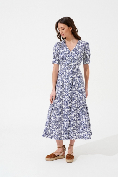 Платье приталенное из цветного хлопка с глубоким V-вырезом Morozov Amavie 1.2011_A1_Aldora синие цветы - фото 2