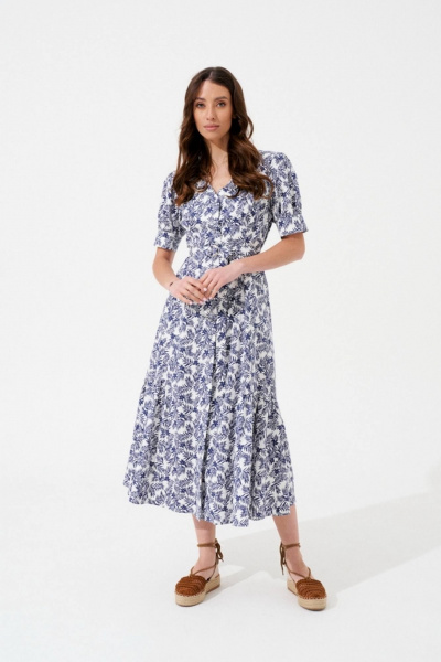 Платье приталенное из цветного хлопка с глубоким V-вырезом Morozov Amavie 1.2011_A1_Aldora синие цветы - фото 1
