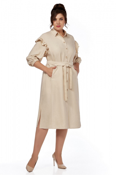 Миди платье-халат из натуральной ткани с поясом LaKona 11594 песочный - фото 1