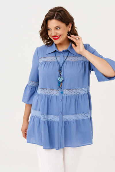 Блуза с оборками из хлопка и рукавом 3/4 Almirastyle 357 голубой - фото 2