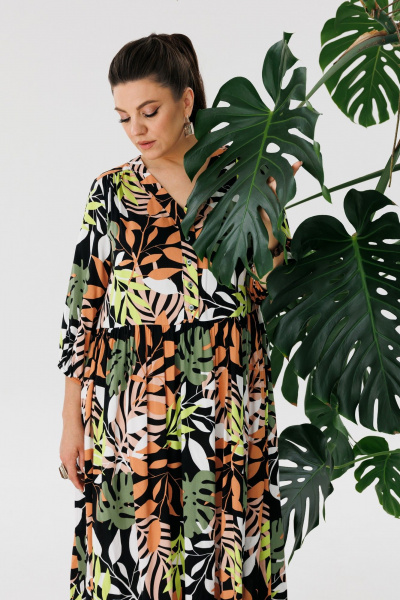 Платье миди мультиколор с V-вырезом и рукавом-реглан Anelli 1454 монстера - фото 8