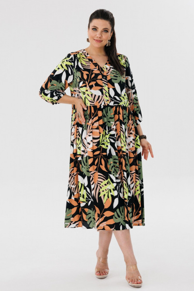 Платье миди мультиколор с V-вырезом и рукавом-реглан Anelli 1454 монстера - фото 7