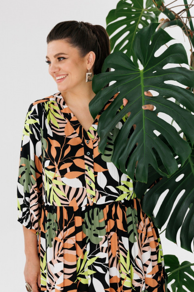 Платье миди мультиколор с V-вырезом и рукавом-реглан Anelli 1454 монстера - фото 3