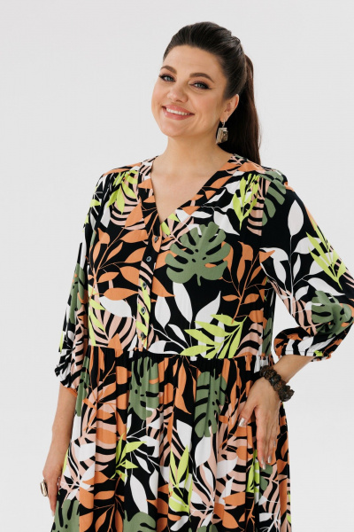 Платье миди мультиколор с V-вырезом и рукавом-реглан Anelli 1454 монстера - фото 2