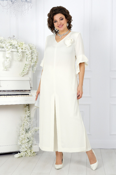 Брюки и туника нарядный комплект из сатина для полных Ninele 6010 молочный - фото 1