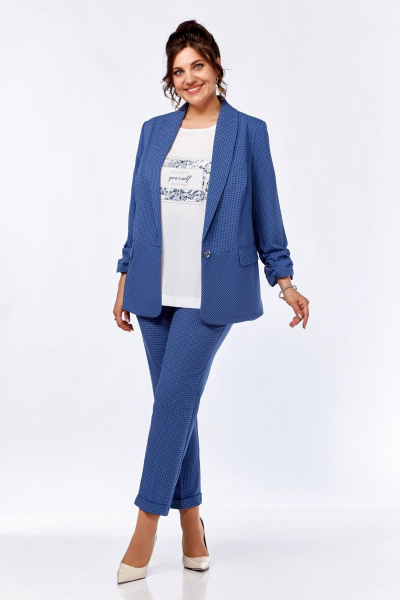 Комплект жакет брюки блуза деловой стиль демисезонный Ольга Стиль С-614 синий+клетка - фото 2