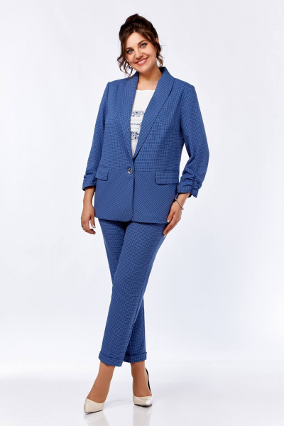 Комплект жакет брюки блуза деловой стиль демисезонный Ольга Стиль С-614 синий+клетка - фото 1