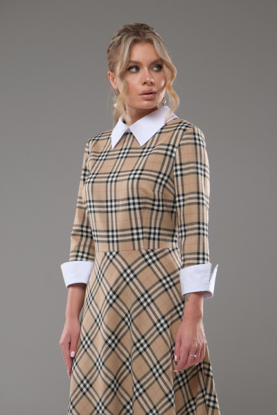 Платье полуприлегающего силуэта с клеш-юбкой и белым воротником Galean Style 942 беж - фото 8