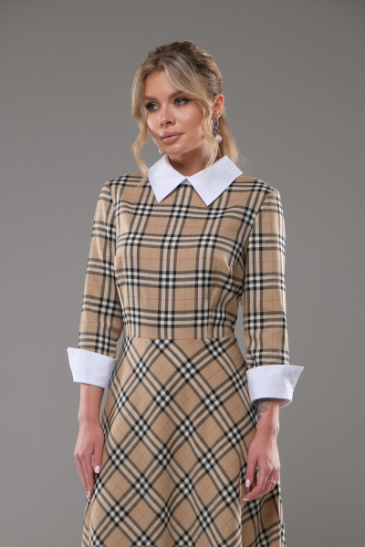 Платье полуприлегающего силуэта с клеш-юбкой и белым воротником Galean Style 942 беж - фото 7