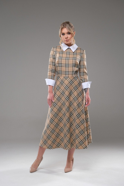 Платье полуприлегающего силуэта с клеш-юбкой и белым воротником Galean Style 942 беж - фото 1