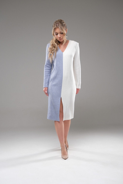 Платье трикотажное зауженное с V-образным вырезом Galean Style 950 белый/голубой - фото 6