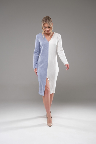 Платье трикотажное зауженное с V-образным вырезом Galean Style 950 белый/голубой - фото 1