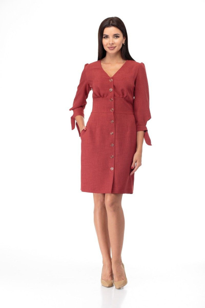 Платье с завышенной талией из текстиля с вниманием к деталям Anelli 885 терракот - фото 1