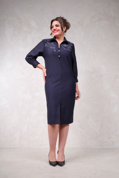 Демисезонное синее платье с вышивкой и разрезом Avanti 1657 - фото 1