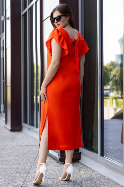 Летнее миди платье из эко льна с V-образным вырезом и карманами Gold Style 2652 оранжевый - фото 2