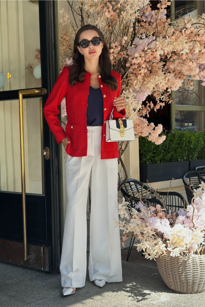 Красивый летний жакет из рогожки с дизайнерским поясом и жемчугом Urs 24-389-1 - фото 8