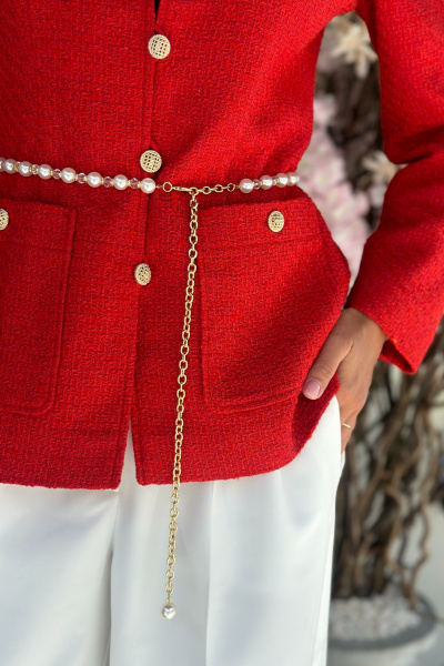 Красивый летний жакет из рогожки с дизайнерским поясом и жемчугом Urs 24-389-1 - фото 6