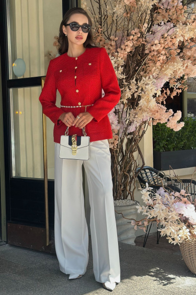 Красивый летний жакет из рогожки с дизайнерским поясом и жемчугом Urs 24-389-1 - фото 4