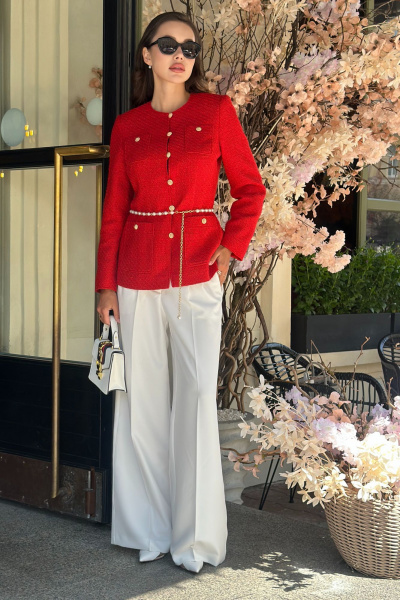 Красивый летний жакет из рогожки с дизайнерским поясом и жемчугом Urs 24-389-1 - фото 1