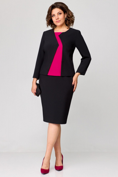 Розовый и черный комплект блузки и юбки для ежедневных образов Мишель стиль 1206 черный-фуксия - фото 1