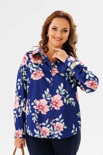 Блуза женская из атласной ткани с воротником стойкой и рукавом Anastasia 1134.1 синий(принт_цветы) - фото 8