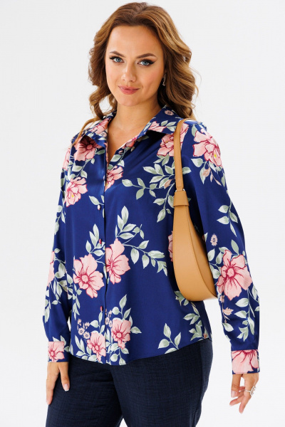 Блуза женская из атласной ткани с воротником стойкой и рукавом Anastasia 1134.1 синий(принт_цветы) - фото 6