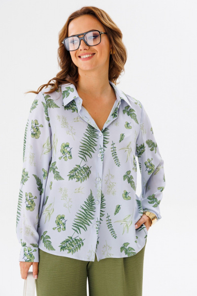 Блуза летняя из блузочной ткани с воротником и коротким рукавом Anastasia 1134.1 серо-голубой(растительный_принт) - фото 2