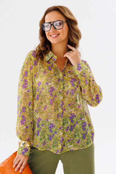 Костюм женский из шифона с рубашкой и брюками палаццо Anastasia 1140 желтый/олива - фото 18