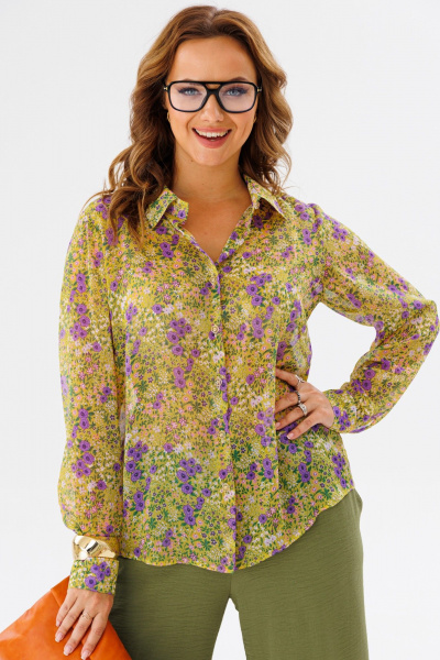 Костюм женский из шифона с рубашкой и брюками палаццо Anastasia 1140 желтый/олива - фото 17