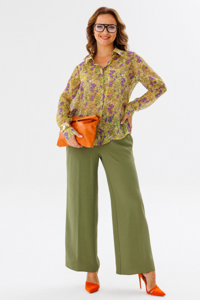 Костюм женский из шифона с рубашкой и брюками палаццо Anastasia 1140 желтый/олива - фото 14