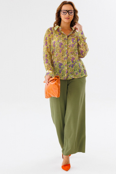 Костюм женский из шифона с рубашкой и брюками палаццо Anastasia 1140 желтый/олива - фото 13