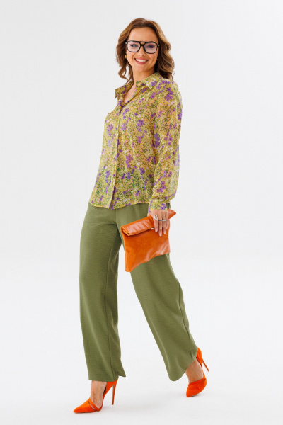 Костюм женский из шифона с рубашкой и брюками палаццо Anastasia 1140 желтый/олива - фото 12