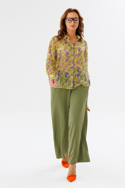 Костюм женский из шифона с рубашкой и брюками палаццо Anastasia 1140 желтый/олива - фото 11