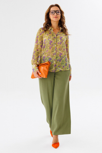 Костюм женский из шифона с рубашкой и брюками палаццо Anastasia 1140 желтый/олива - фото 9