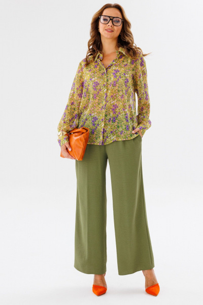 Костюм женский из шифона с рубашкой и брюками палаццо Anastasia 1140 желтый/олива - фото 8
