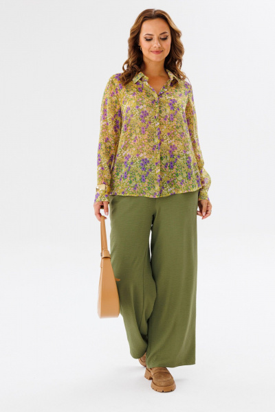 Костюм женский из шифона с рубашкой и брюками палаццо Anastasia 1140 желтый/олива - фото 5