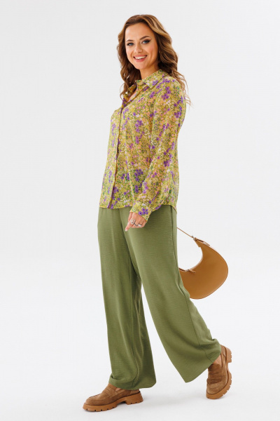 Костюм женский из шифона с рубашкой и брюками палаццо Anastasia 1140 желтый/олива - фото 3