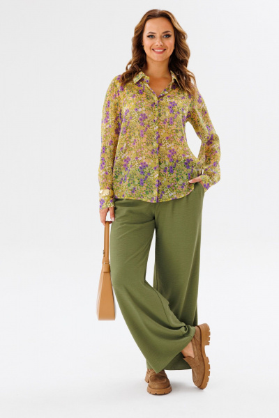 Костюм женский из шифона с рубашкой и брюками палаццо Anastasia 1140 желтый/олива - фото 2