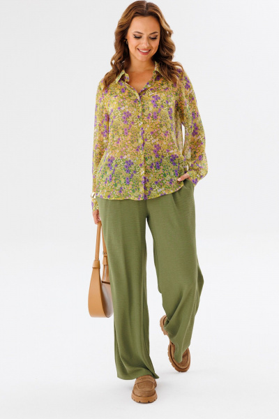 Костюм женский из шифона с рубашкой и брюками палаццо Anastasia 1140 желтый/олива - фото 1
