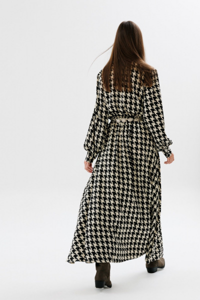 Демисезонное платье приталенного силуэта с разрезом и эластичной тесьмой NikVa 560-2 чёрно-беж_гус_лапка - фото 6