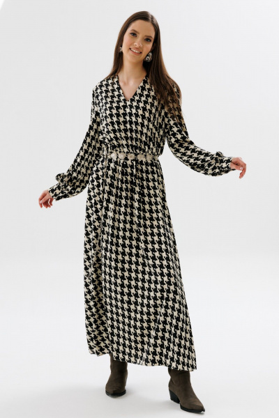 Демисезонное платье приталенного силуэта с разрезом и эластичной тесьмой NikVa 560-2 чёрно-беж_гус_лапка - фото 4