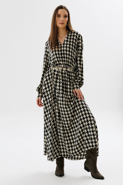 Демисезонное платье приталенного силуэта с разрезом и эластичной тесьмой NikVa 560-2 чёрно-беж_гус_лапка - фото 2