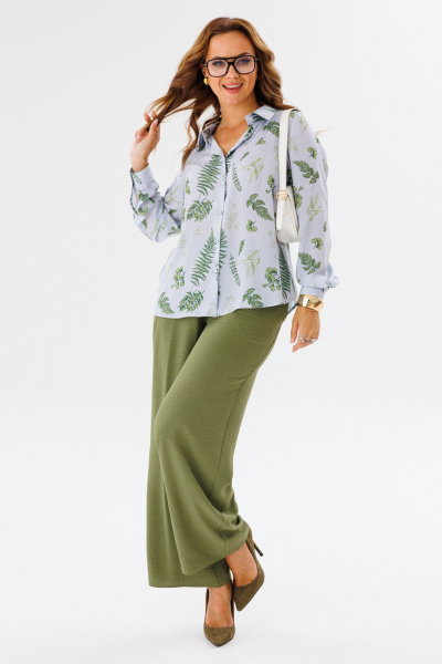 Костюм из англ. ткани с рубашкой и брюками свободного кроя Anastasia 1140.1 серо-голубой/олива - фото 9