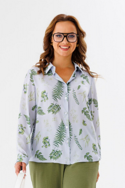 Костюм из англ. ткани с рубашкой и брюками свободного кроя Anastasia 1140.1 серо-голубой/олива - фото 4