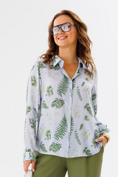 Костюм из англ. ткани с рубашкой и брюками свободного кроя Anastasia 1140.1 серо-голубой/олива - фото 2