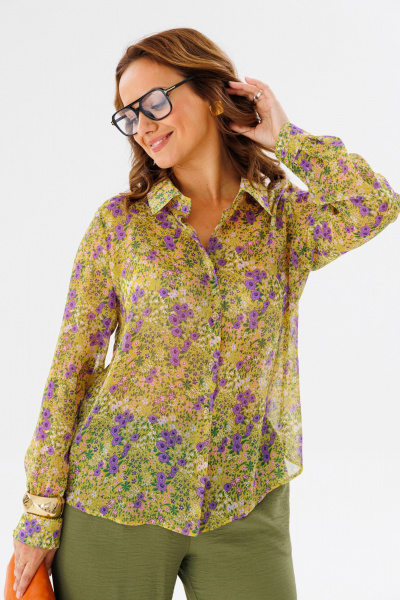 Блуза шифоновая полуприлегающая с воротником на стойке Anastasia 1134 желтый(принт_цветы) - фото 4