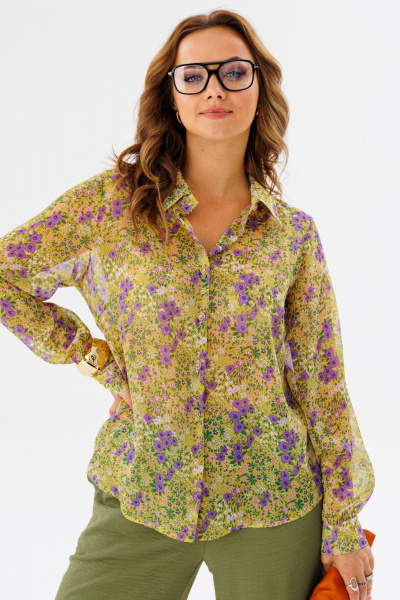 Блуза шифоновая полуприлегающая с воротником на стойке Anastasia 1134 желтый(принт_цветы) - фото 1