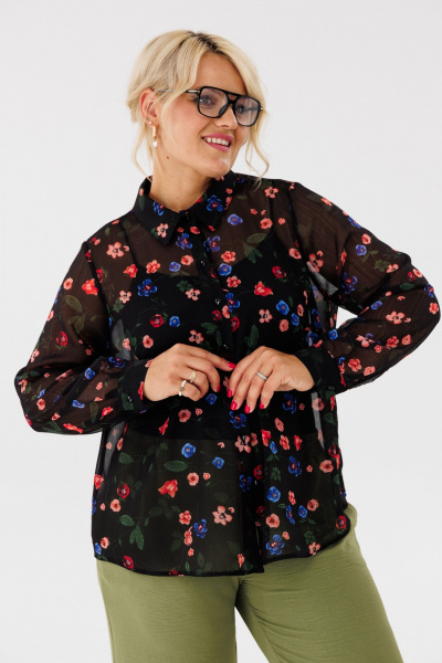 Блуза женская шифоновая с воротником на стойке Anastasia 1134 черный(принт_цветы) - фото 3
