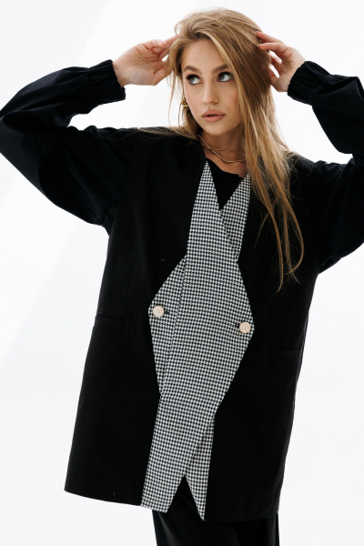 Деловой двубортный жилет оверсайз с карманами-листочками NikVa 709-2 чёрный+чёрно-белая_гусиная_лапка - фото 2