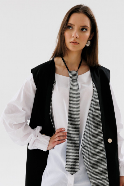 Деловой двубортный жилет оверсайз с карманами-листочками NikVa 709-2 чёрный+чёрно-белая_гусиная_лапка - фото 6